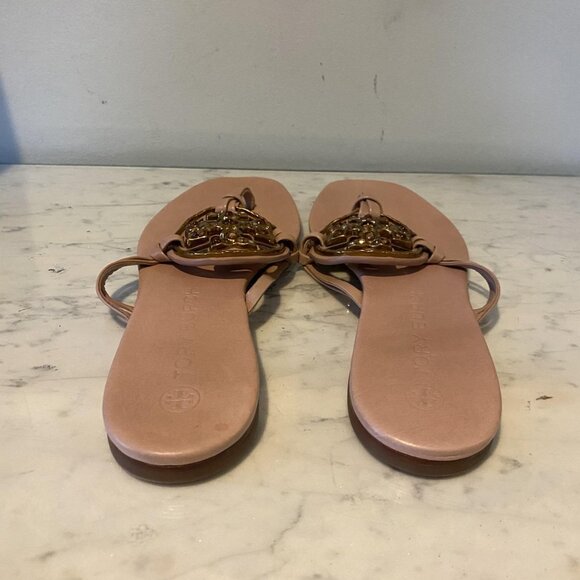 Tory Burch Jeweled Miller Logo Sandals Womens Size 11 Pink Thong Leather Shoes - Picture 6 of 8